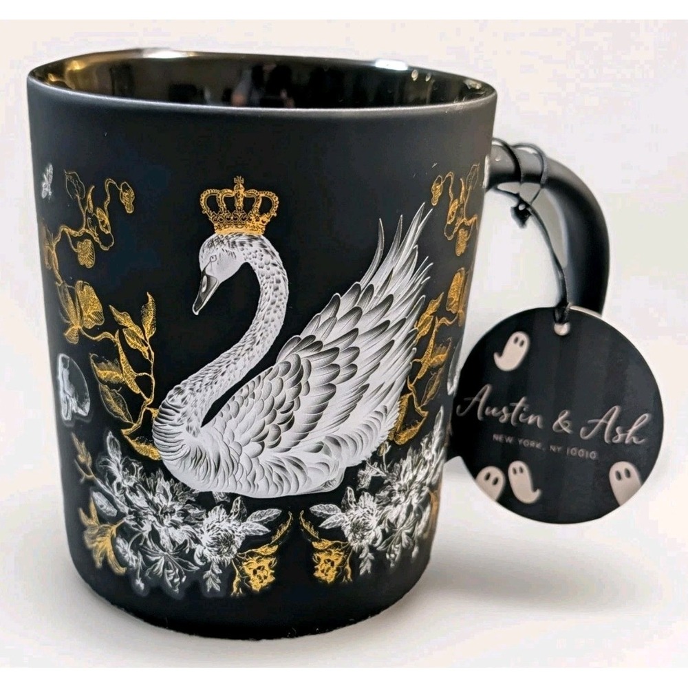 Austin & Ash 18 oz Mug Swan Skull Goth Witchy Halloween Ceramic Black White Gold